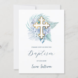 Invitation Boho Pastel Bouquet Bleu Baptême