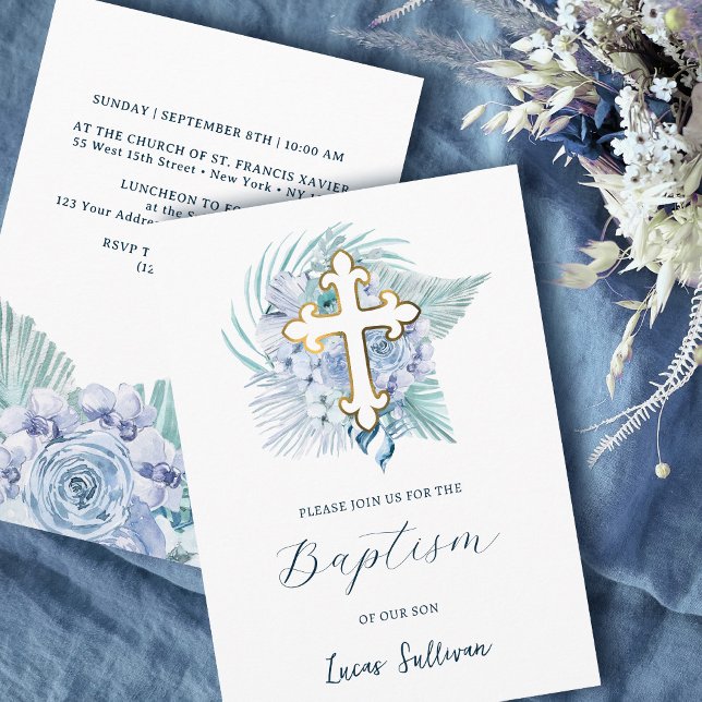 Invitation Boho Pastel Bouquet Bleu Baptême (Créateur téléchargé)