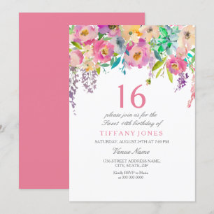 Invitation Boho Pastel Fleurs aquarelles 16ème fête d'anniver