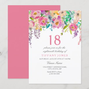 Invitation Boho Pastel Fleurs aquarelles 18e fête d'anniversa