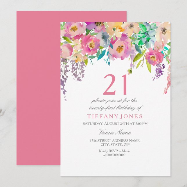 Invitation Boho Pastel Fleurs aquarelles 21ème fête d'anniver (Devant / Derrière)