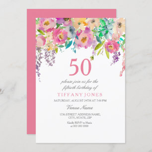 Invitation Boho Pastel Fleurs aquarelles 50e fête d'anniversa