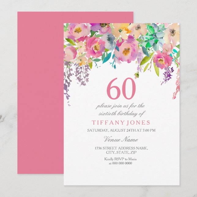 Invitation Boho Pastel Fleurs d'aquarelle 60e fête d'annivers (Devant / Derrière)