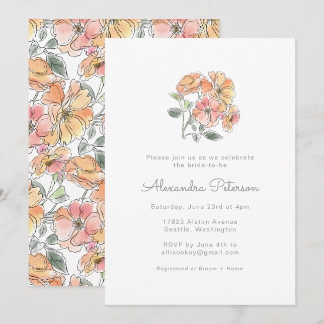 Invitation Boho Pastel Peach Aquarelle Fête des mariées flora (Devant / Derrière)