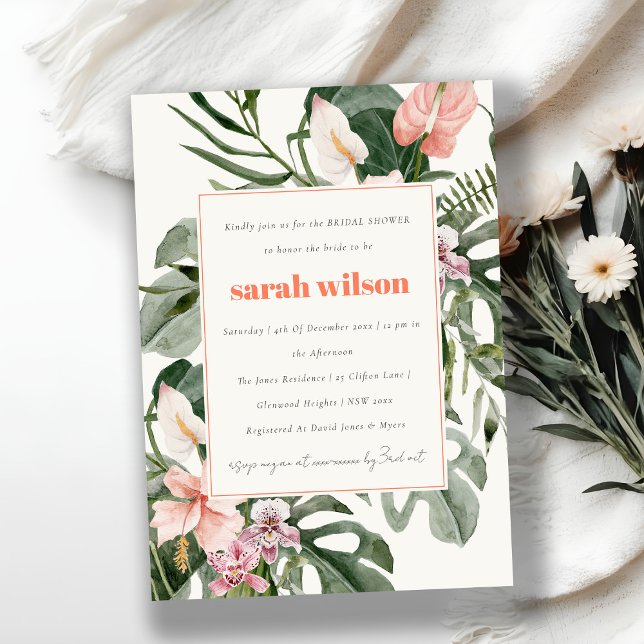 Invitation Boho Peach Blush Tropical Floral Fête des mariées (Créateur téléchargé)