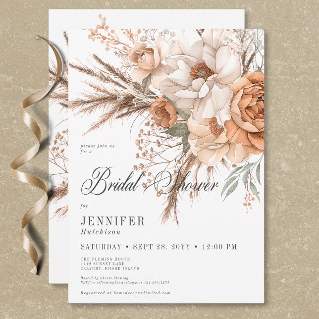 Invitation Boho Peach & Cream Floral Fête des mariées blanche (Boho Peach & Cream Floral White Bridal Shower Invitation)