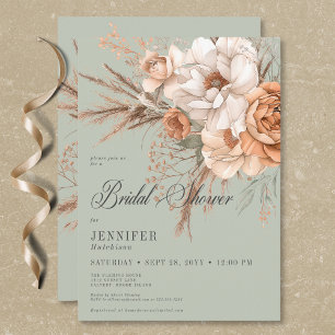 Invitation Boho Peach & Cream Floral Green Fête des mariées