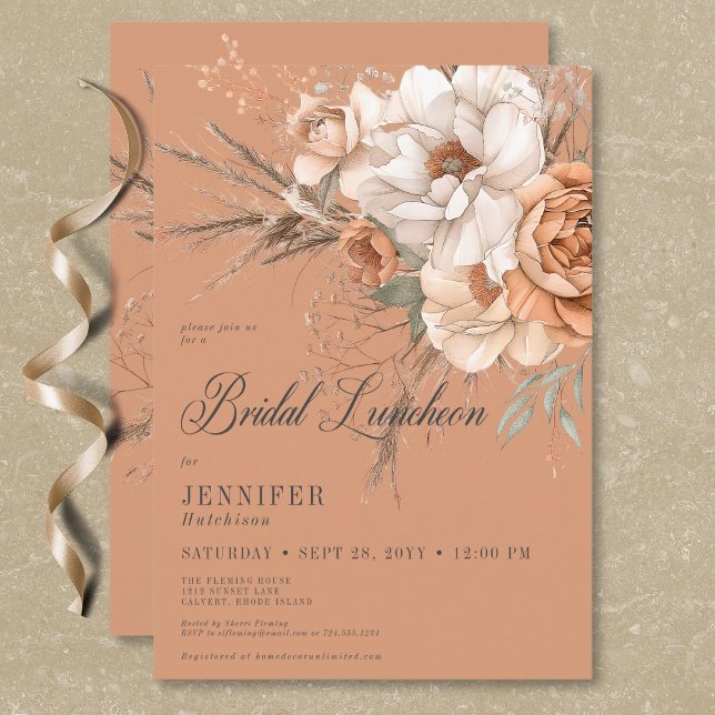 Invitation Boho Peach & Cream Floral Rust Bridal Luncheon (Boho Peach & Cream Floral Rust Bridal Luncheon Invitation)