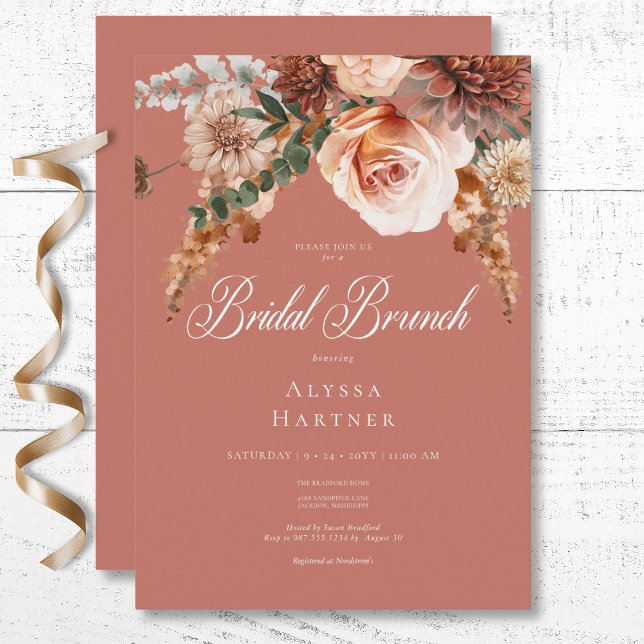Invitation Boho Peach & Rust Floral Rust Petit-déjeuner de ma (Boho Peach & Rust Floral Rust Bridal Brunch Invitation)