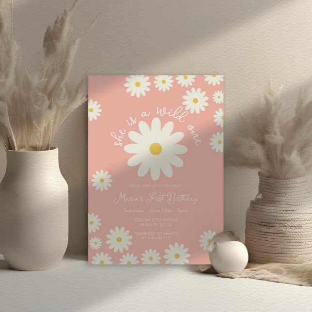 Invitation Boho Peach White Daisy Elle est un Anniversaire sa (Créateur téléchargé)