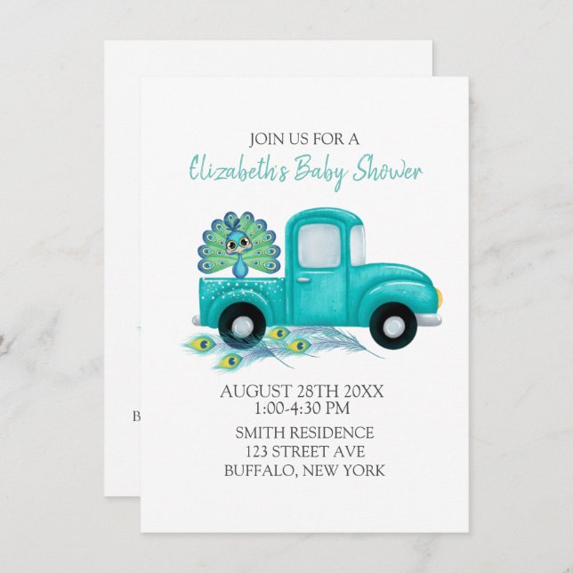 Invitation Boho Peacock Feathers Baby shower Vintage Camion (Devant / Derrière)