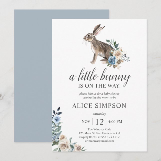 Invitation Boho Petit Lapin Poussière Baby shower De Fleurs B (Devant / Derrière)