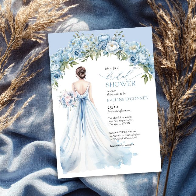 Invitation Boho piment bleu pâle mariage robe verte (Boho dusty blue peonies wedding gown greenery invitation)