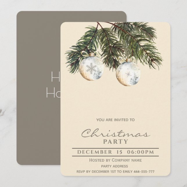 Invitation Boho pin aquarelle boules de Noël (Devant / Derrière)