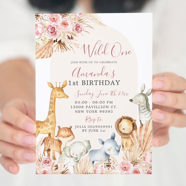 Invitation Boho Pink Arch Girl Safari premier anniversaire (Créateur téléchargé)