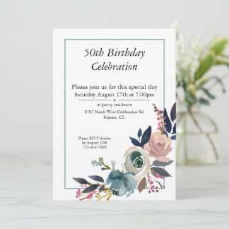 Invitation Boho Pink Blue Floral personnalisable 50e annivers