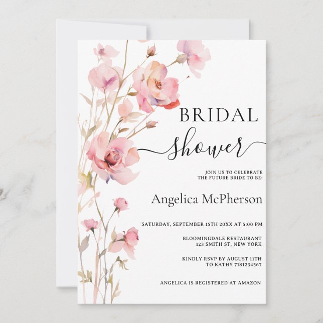 INVITATION BOHO PINK BLUSH FLEURS A L'AQUARELLE ENTERREMENT D (Devant)