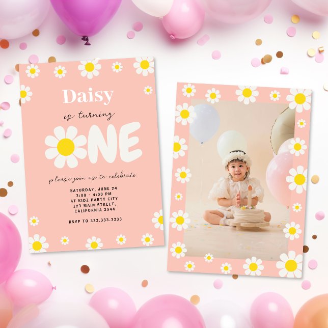 Invitation Boho Pink Cute Daisy 1er Birthday Flower Photo (Créateur téléchargé)