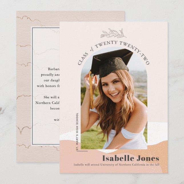 Invitation Boho Pink Desert Arch Photo Graduation (Devant / Derrière)