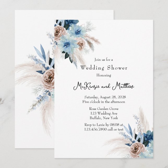 Invitation Boho Pink et Blue Peony Bouquet Wedding shower (Devant / Derrière)