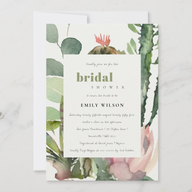 INVITATION BOHO PINK FÊTE DES MARIÉES FLORAL CACTI FOLIAGE (Devant)