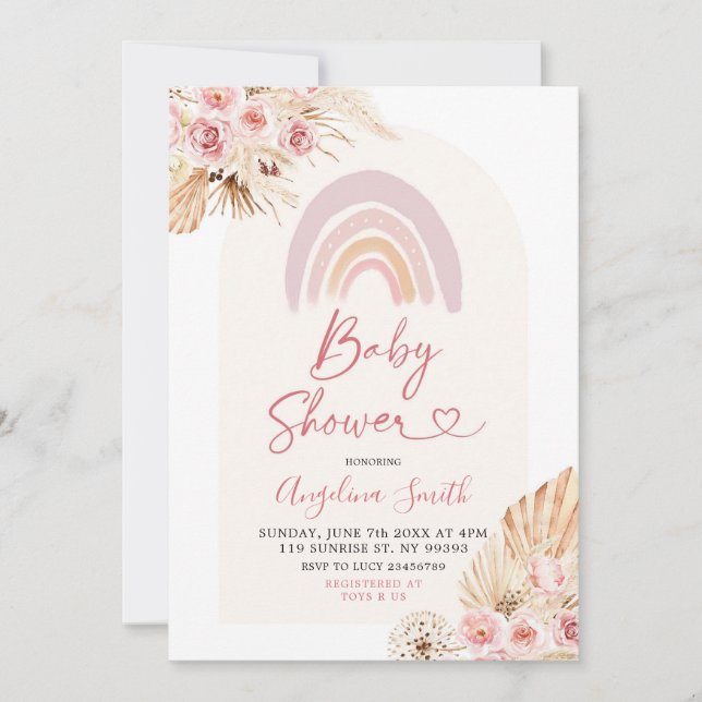 Invitation Boho Pink Floral Baby shower (Devant)
