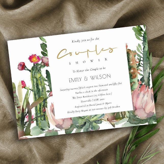 INVITATION BOHO PINK FLORAL CACTI FOLIAGE COUPLES DOUCHE (Créateur téléchargé)