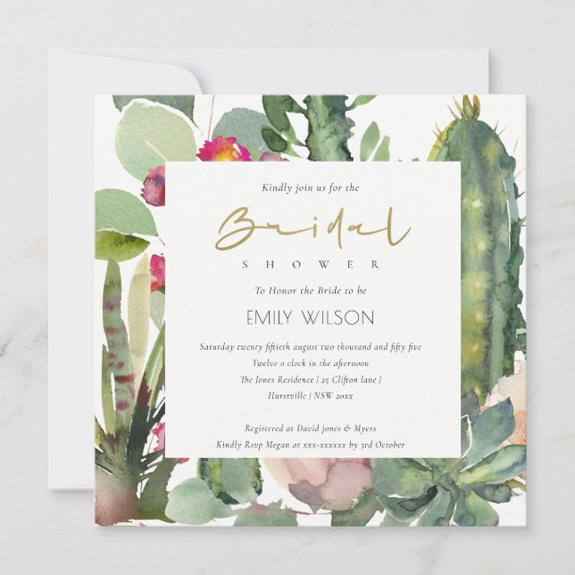 INVITATION BOHO PINK FLORAL CACTI FOLIAGE FÊTE DES MARIÉES IN (Devant)