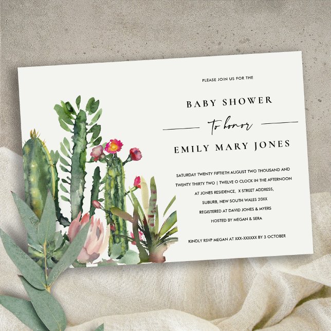 INVITATION BOHO PINK FLORAL DESERT CACTI FAUNA BABY SHOWER (Créateur téléchargé)