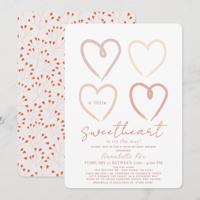 Invitation Boho Pink Hearts Chéri Baby shower Drive by (Devant / Derrière)