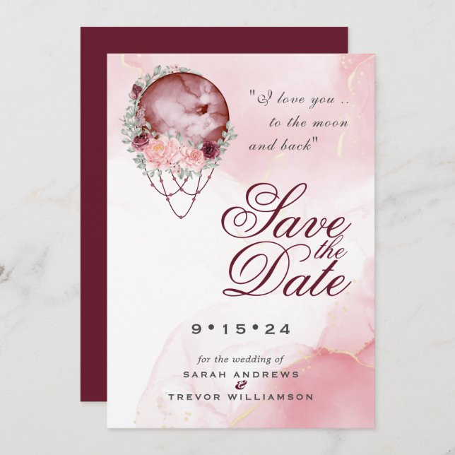 Invitation Boho Pink Maroon Moon Mandala Enregistrer la date (Devant / Derrière)