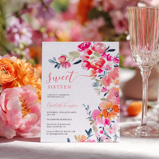 Invitation Boho Pink Orange Watercolor Floral Sweet 16