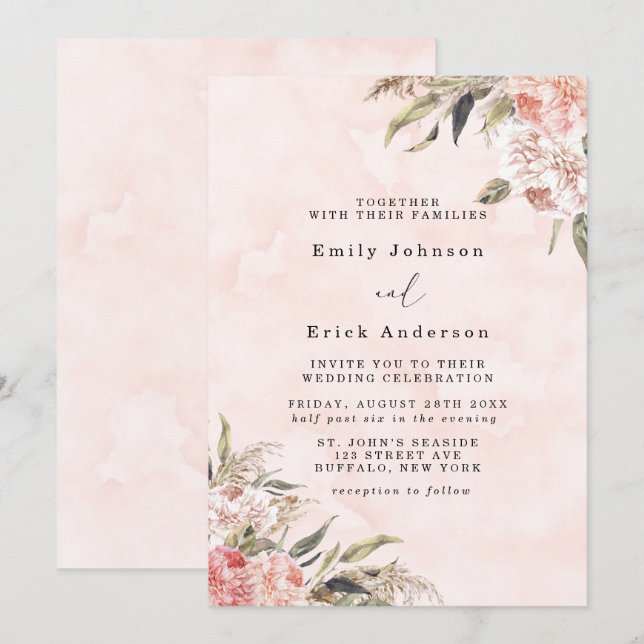 Invitation Boho Pink Peony Pampas Grass Mariage (Devant / Derrière)