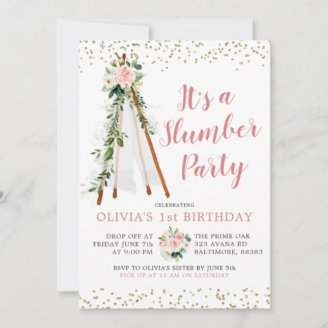 Invitation Boho Pink Teepee Fête du bois d'oeuvre Anniversair (Devant)
