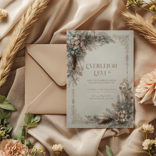 Invitation Boho Plume Floral Bleu Poussiéreux Cadre Doré Mari