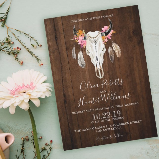 Invitation Boho Plumes florales Antlers Crâne de vache Mariag (Créateur téléchargé)
