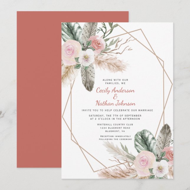 Invitation Boho Plumes florales tropicales Pampas Grass (Devant / Derrière)