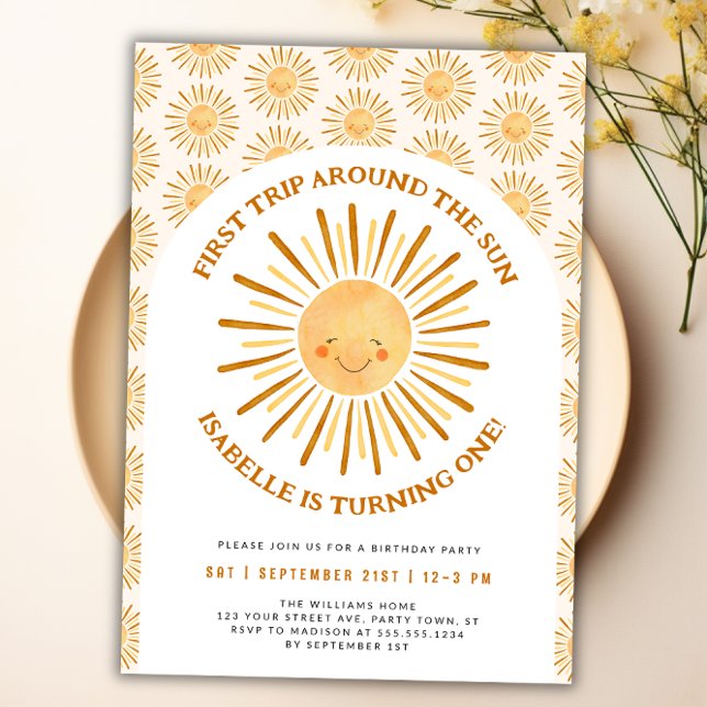 Invitation Boho Premier Voyage Autour Du Soleil 1Er Anniversa (first trip around the sun first birthday invite)