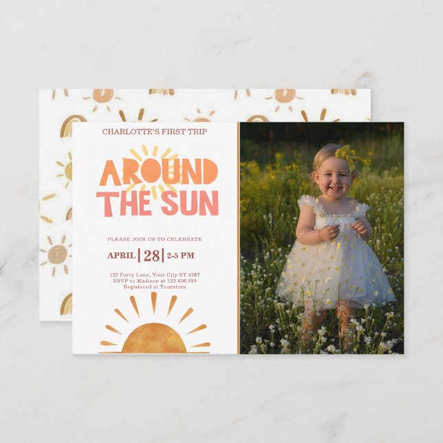 Invitation Boho Premier Voyage Autour Du Soleil 1Er Anniversa (Devant / Derrière)