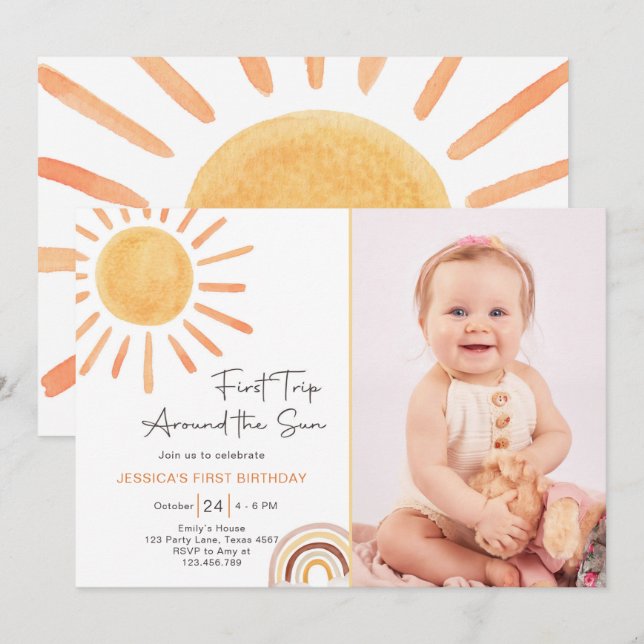 Invitation Boho Premier Voyage Autour Du Soleil 1Er Anniversa (Devant / Derrière)