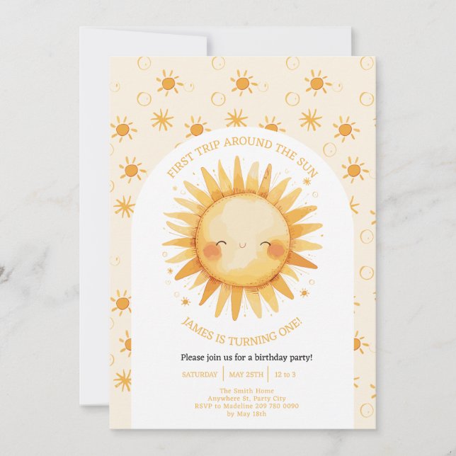 Invitation Boho Premier Voyage Autour Du Soleil 1Er Anniversa (Devant)