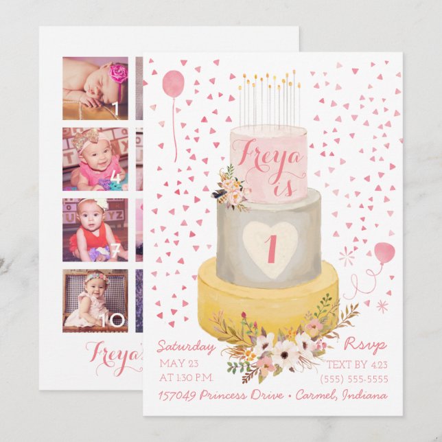 Invitation Boho Première Année Photo Collage Anniversaire Inv (Devant / Derrière)