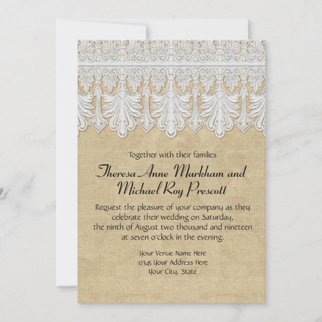 Invitation BOHO Printing Burlap n dentelle gitane Moderne Sty (Devant)