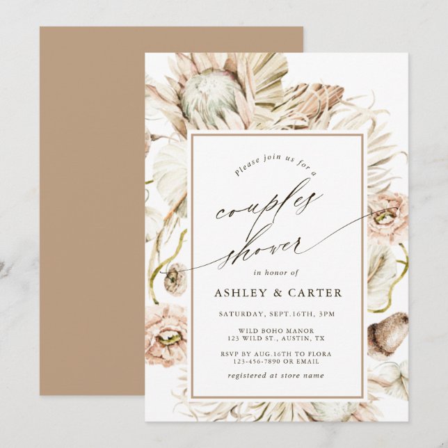 Invitation Boho Protea Pampas Grass Aquarelle Couples Douche (Devant / Derrière)