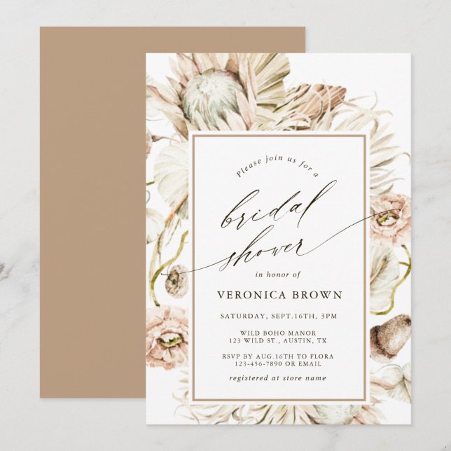Invitation Boho Protea Pampas Grass Fête des mariées Florale (Devant / Derrière)