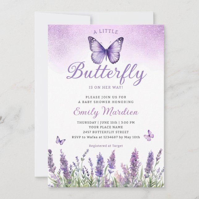 Invitation Boho Purple A Little Butterfly Girl Baby shower (Devant)