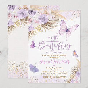 Invitation Boho Purple Butple Pampas Baby shower en herbe