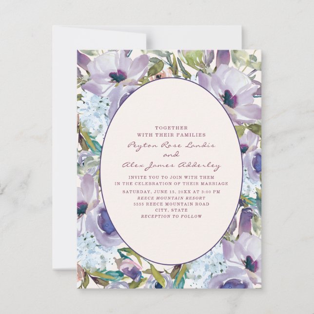 Invitation Boho Purple Dusty Blue Aquarelle Mariage Floral (Devant)