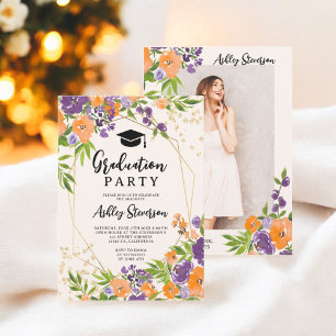 Invitation Boho Purple Floral Aquarelle Graduation Photo