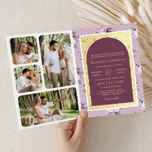 Invitation Boho Purple Floral tout en un Mariage Indien d'or